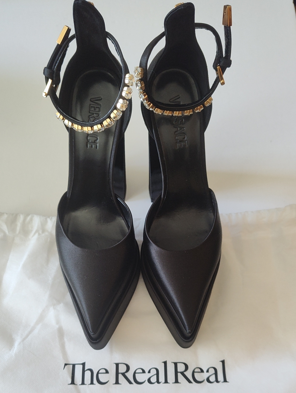 VERSACE Medusa "Aevitas" Black Satin  Crystal Ankle-Strap Heels Size 40.5 US 9.5